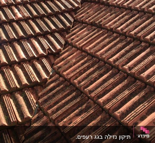 רעפים חומים על גג עם לכלוך וטחב